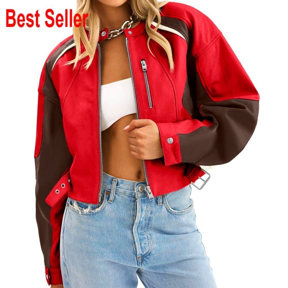 Faux Leather Cropped Bomber Jacket Zip Up Color Block Moto Style